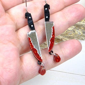 Bloody Chef Knife Earrings: True Crime Halloween Goth Acrylic Statement Earrings, Quirky Novelty Horror Jewelry Gift