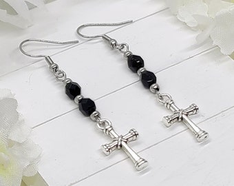 BLACK OBSIDIAN CROSS Earrings Cool Gothic Earrings | Religious Easter Jewelry Gift for Mom | Spiritual Easter Earrings | Gifts For Her