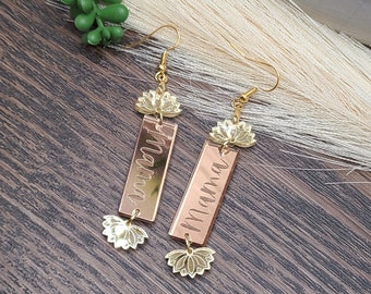 LOTUS FLOWER BAR Earrings Gift For Mom | Laser Cut Whimsical Name Earrings | Laser Engraved Bonus Mom Gift | Personalized Mothers Day Gifts