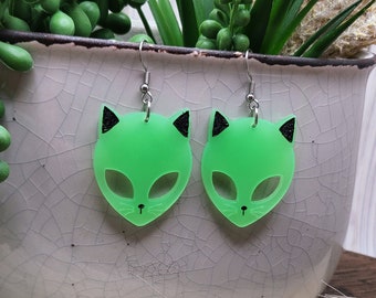 GLOW IN THE Dark Alien Cat Earrings | Weird Acrylic Laser Cut Earrings | Funky Ufo Space Earrings | Quirky Halloween Earrings | Cat Jewelry