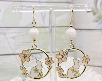 WHITE CAT SAKURA Earrings Gifts For Cat Lovers | Aesthetic Moonstone Gold Hoop Earrings | Floral Cat Earrings | Gifts For Her | Mom Gift