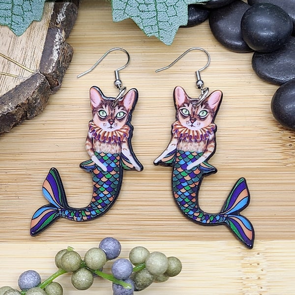 TABBY CAT MERMAID Earrings Weird Cat Earrings For Cat Mom Best Friend Gift | Quirky Cat Mermaid Acrylic Earrings | Fun Earrings Cat Jewelry