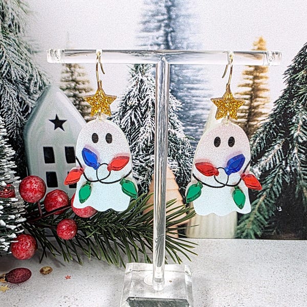 Christmas Lights Ghost Earrings: Iridescent Acrylic with Gold Star