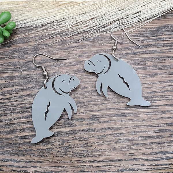 MANATEE ACRYLIC EARRINGS Beachy Jewelry Best Friend Gift | Funky Animal Laser Cut Earrings | Whimsical Manatee Earrings | Manatee Jewelry