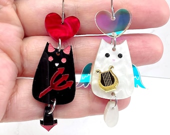 Angel Devil Cat Mismatched Earrings: Quirky Black Cat Statement Earrings, Funny Halloween Cat Jewelry