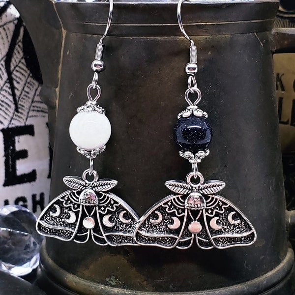 LUNA MOTH MOONSTONE Earrings Insect Goth Earrings | Whimsical Blue Sandstsone Witchy Earrings | Luna Moth Goth Jewelry | Halloween Earrings