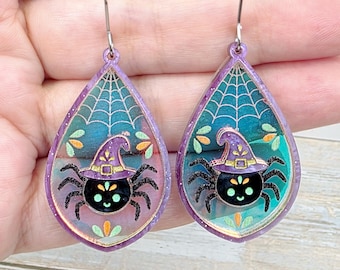 Halloween Spider Witch Earrings: Iridescent Acrylic Teardrop Dangles, Spooky Cute Jewelry For Halloween Gifts
