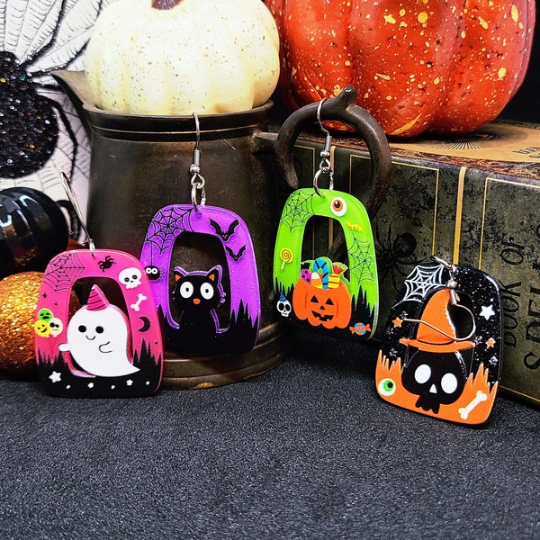 CUTE HALLOWEEN ACRYLIC Earrings Pumpkin Ghost Skeleton Earrings | Whimsical Novelty Halloween Earrings | Trick Or Treat Halloween Jewelry
