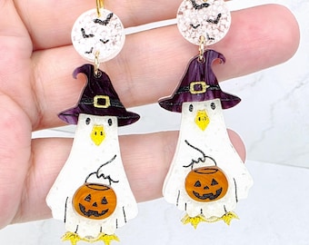 Glow in the Dark Halloween Goose Earring: Trick or Treat Silly Goose Dangles, Spooky Acrylic Jewelry
