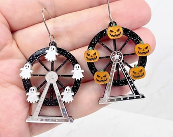 Spooky Halloween Ferris Wheel Earrings; Mismatched Acrylic Ghost & Pumpkin Earrings, Cute Novelty Fall Jewelry, Handmade Gifts for Her