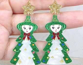 Vintage Christmas Tree Girl Ornament Earrings: Acrylic Glitter Xmas Dangles, Retro Holiday Gift for Her, Stocking Stuffer
