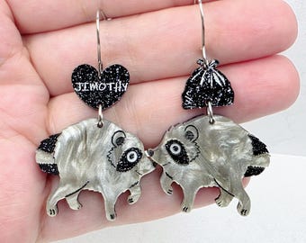 Jimothy Raccoon Acrylic Earrings: Viral Short Spine Trash Panda Meme Dangles, Funny Quirky Handmade Gift for Her