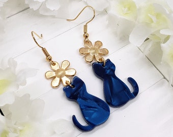BLUE CAT ACRYLIC Earrings for Cat Mom | Daisy Earrings Cat Jewelry | Whimsical Aesthetic Earrings Gifts For Cat Lover | Spring Earrings