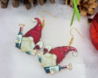 CHRISTMAS WINE GNOME Earrings Stocking Stuffer Mom Gift | Festive Acrylic Winter Earrings | Funny Gnome Christmas Earrings | Gnome Jewelry