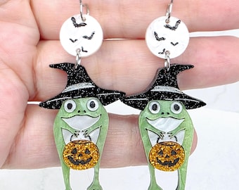 Cute Halloween Frog Earrings: Acrylic Witch Frog with Pumpkin, Spooky Fall Novelty Animal Earrings, Handmade Gifts for Her