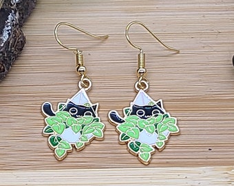 BLACK CAT PLANT Earrings Cat Mom Jewelry | Whimsical Cat Dangle Earrings | Cat Themed Birthday Gifts | Big Sister Gift | Black Cat Earrings