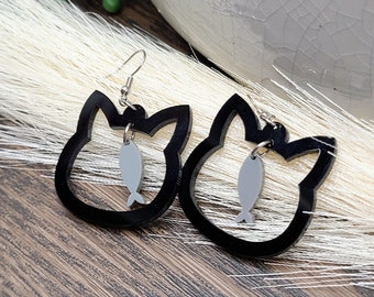 CUTE CAT FISH Earrings Cat Jewelry | Kawaii Black Cat Earrings | Quirky Acrylic Laser Cut Earrings | Cat Themed Gifts For Daughter