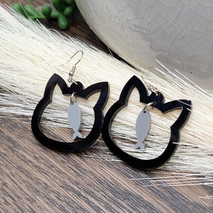 CUTE CAT FISH Earrings Cat Jewelry Kawaii Black Cat Earrings Quirky Acrylic Laser Cut Earrings Cat Themed Gifts For Daughter image 1