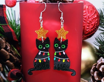 CAT CHRISTMAS ACRYLIC Earrings Cat Lover Christmas Gifts | Christmas Tree Cat Jewelry | Fun Black Cat Novelty Earrings For Stocking Stuffer