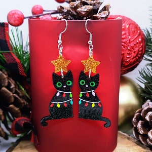 CAT CHRISTMAS ACRYLIC Earrings Cat Lover Christmas Gifts | Christmas Tree Cat Jewelry | Fun Black Cat Novelty Earrings For Stocking Stuffer