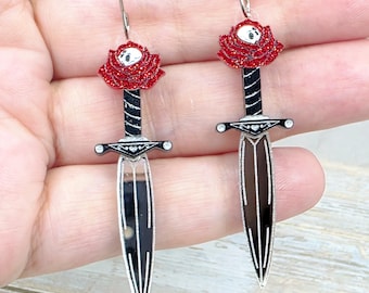 Rose Dagger Acrylic Earrings: Gothic Skull Rose Sword Jewelry, Dark Romance Cosplay Earrings