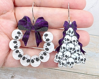 Gothic Skull Christmas Earrings: Spooky Christmas Tree & Wreath Dangles, Acrylic Mismatched Statement Earrings, Holiday Stocking Stuffers