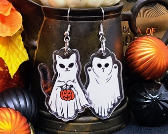 HALLOWEEN CAT GHOST Earrings Cool Acrylic Cat Earrings | Cute Halloween Cat Jewelry | Spooky Novelty Halloween Earrings |Mismatched Earrings