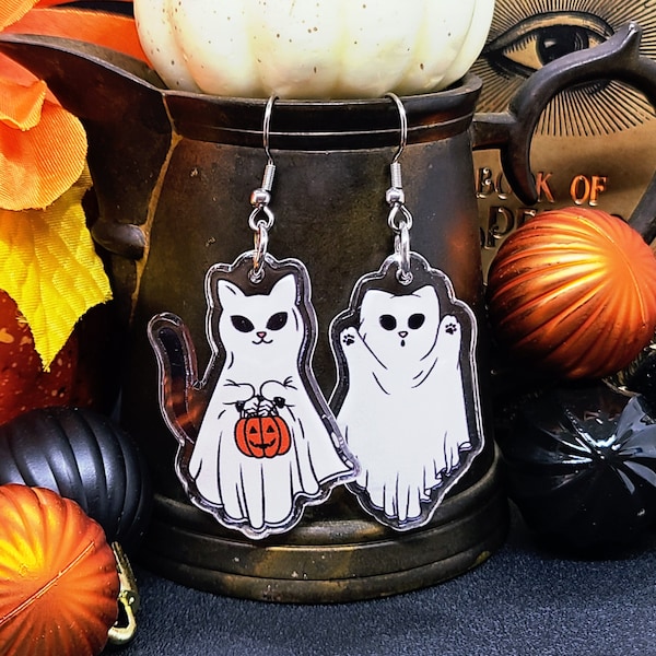 HALLOWEEN CAT GHOST Earrings Cool Acrylic Cat Earrings | Cute Halloween Cat Jewelry | Spooky Novelty Halloween Earrings |Mismatched Earrings