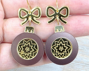 Retro Vintage Christmas Ornament Earrings: Festive Holiday Bauble Earrings, Acrylic Gold Bow Statement Earrings, Stocking Stuffers