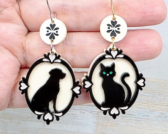 Cat and Dog Cameo Earrings: Vintage Style Peach Acrylic Pet Earrings, Animal Silhouette Statement Earrings, Animal Lover Gift