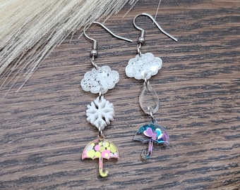 Boucles d'oreilles RAIN DROP CLOUD Boucles d'oreilles fantaisie avec parapluies superposés | Boucles d'oreilles printanières colorées et délicates | Boucles d'oreilles météo dépareillées