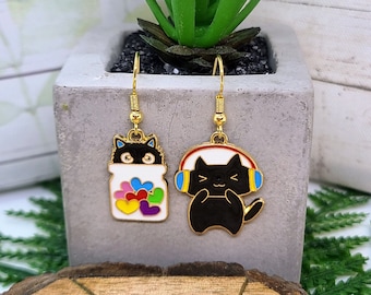 BLACK CAT MISMATCHED Earrings Cat Mom Birthday Gifts | Whimsical Aesthetic Cat Earrings | Best Friend Cat Lover Gift | Cute Cat Earring