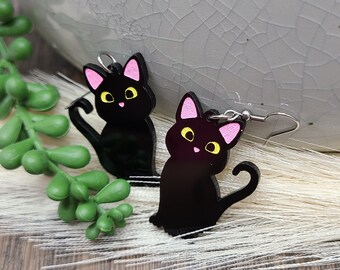 Pendientes ACRÍLICOS DE GATO NEGRO Joyería de gato mamá gato / Pendientes de gato cortados con láser hechos a mano / Regalos de cumpleaños para amantes de los gatos con temática de gatos / Pendientes lindos y frescos