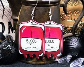 BLOOD BAG VAMPIRE Earrings Halloween Horror Earrings For Halloween Costume Party | Creepy Novelty Acrylic Earrings | Fun Spooky Earrings