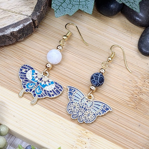 LUNA MOTH AGATE Earrings For Birthday Gift | Pretty Moth Moonstone Earrings | Whimsical Insect Earrings for Anniversary Gift | Cool Earrings
