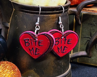 BITE ME ACRYLIC Earrings Funny Novelty Halloween Earrings | Halloween Goth Heart Jewelry | Vampire Goth Earrings | Funky Heart Earrings