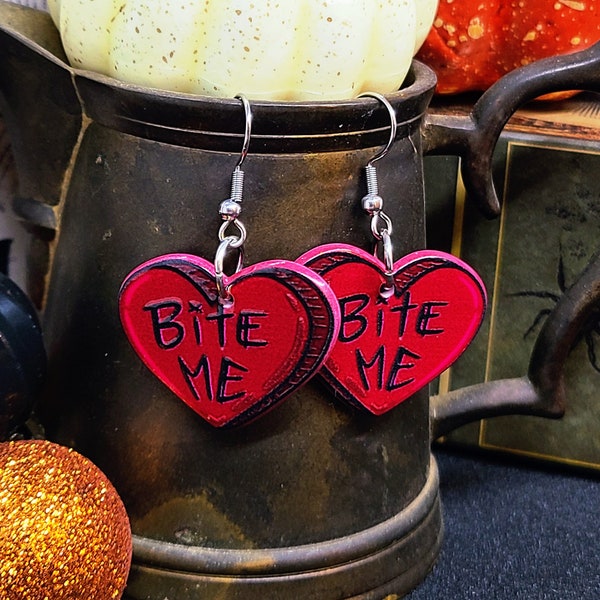 BITE ME ACRYLIC Earrings Funny Novelty Halloween Earrings | Halloween Goth Heart Jewelry | Vampire Goth Earrings | Funky Heart Earrings