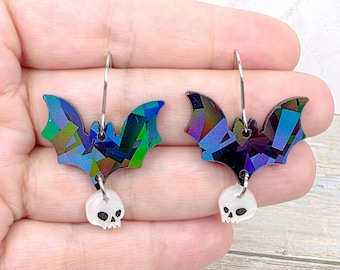 Black Holographic Bat Earrings: Halloween Gothic Acrylic Jewelry, Spooky Witchy Goth Earrings