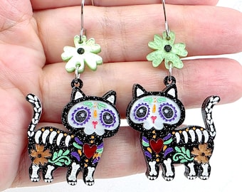 Day of the Dead Skeleton Cat Acrylic Earrings: Sugar Skull Calavera Glitter Dangles, Halloween Gothic Jewelry