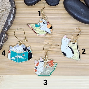 CUTE CAT BOOK Earrings for Cat Mom Birthday Gift Whimsical Mismatched Calico Cat Earrings Fun Teacher Earrings Best Friend Gift image 1