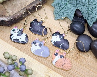 LAZY CAT DANGLE Earrings Whimsical Cat Jewelry | Orange Cat Earrings | Black Cat Tuxedo Cat Earrings Dangle | Best Friend Cat Mom Gift