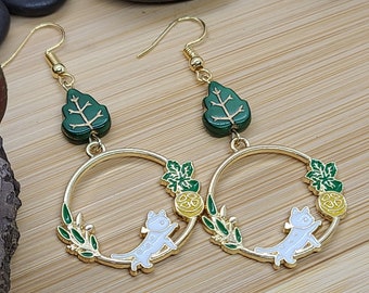 WHITE CAT LEMON Earrings Whimsical Cute Cat Earring | Fun Dangle Earrings | Easter Gift For Cat Lovers | Botanical Leaf Gold Hoop Earrings