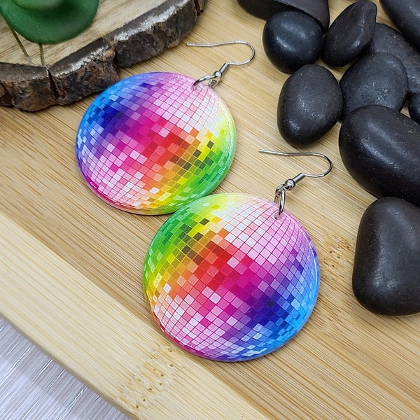 DISCO BALL RAINBOW Earrings Big Acrylic Colorful Earrings | Fun Disco Ball Earrings For Best Friend Birthday Gift | Cool Disco Earrings