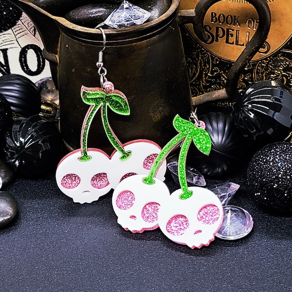 PINK CHERRY SKULL Earrings Acrylic Pastel Goth Earrings | Big Cherry Skeleton Earrings | Halloween Goth Jewelry |Big Cute Halloween Earrings