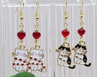 VALENTINE CAT RED Heart Earrings Valentines Cat Lovers Gift | Tuxedo Cat Jewelry For Cat Mom | Whimsical Mismatched Cat Earrings