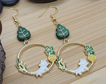 Boucles d'oreilles CHAT BLANC CITRON Boucles d'oreilles chat mignon lunatique | Pendants d'oreilles amusants | Cadeau pour les amoureux des chats | Créoles en or à feuilles botaniques