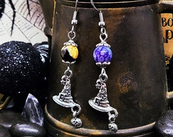 CHAPEAU DE SORCIÈRE HALLOWEEN Boucles d'oreilles fantaisie citrouilles de sorcière | Boucles d'oreilles gothiques sorcière fantasmagorique | Déguisement de sorcière de fête d'Halloween | Boucles d'oreilles en agate