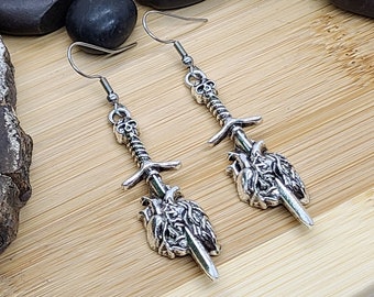 ANATOMICAL HEART SWORD Earrings Quirky Heart Earrings for Goth Valentines Day Gift | Cool Goth Earrings | Creepy Dagger Knife Earrings