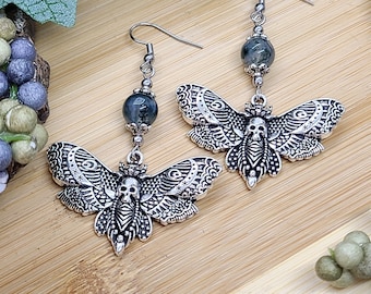 DEATH HEAD MOTH Moss Agate Earrings Goth Jewelry | Funky Goth Moth Earrings For Best Friend Birthday Gift | Cool Spring Insect Earrings