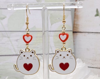 FAT CAT RED Heart Boucles d'oreilles Cadeaux d'amant de chat pour elle | Boucles d'oreilles maman chat lunatique pour la Saint Valentin | Bijoux pour chat amoureux des chats | Boucle d'oreille chat mignon